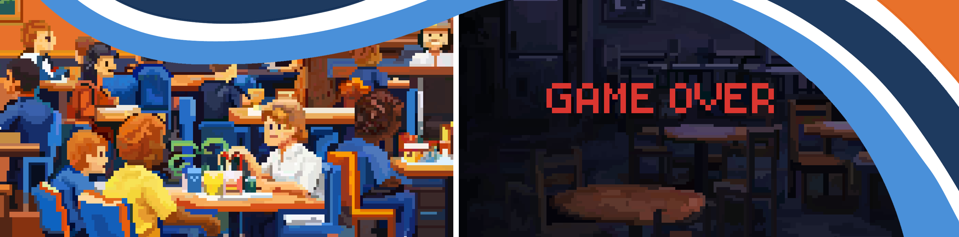 Split pixel-art scene: a full, comfortable restaurant on the left; the same room dark and deserted on the right, with GAME OVER above it