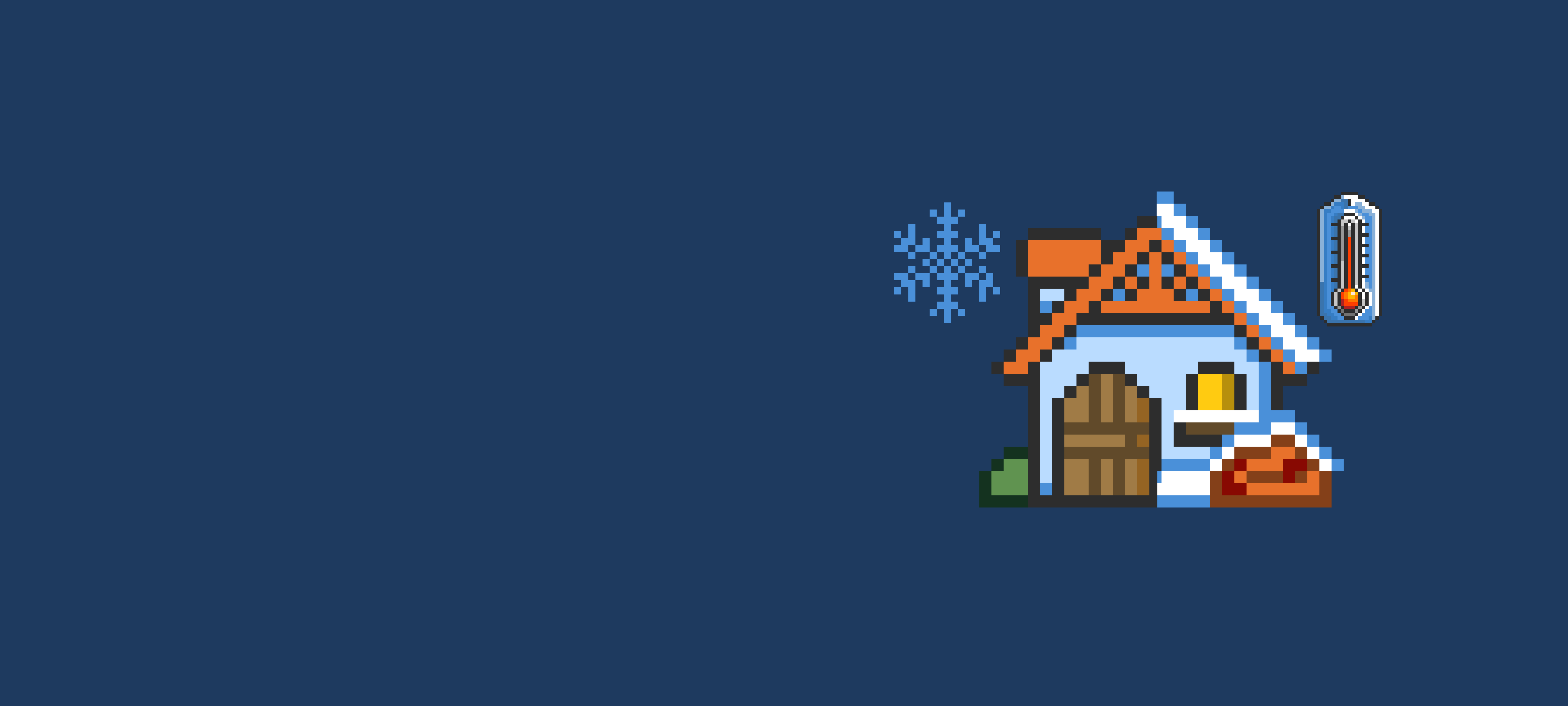 Pixel-art house in the snow, with a snowflake on one side and a thermometer on the other