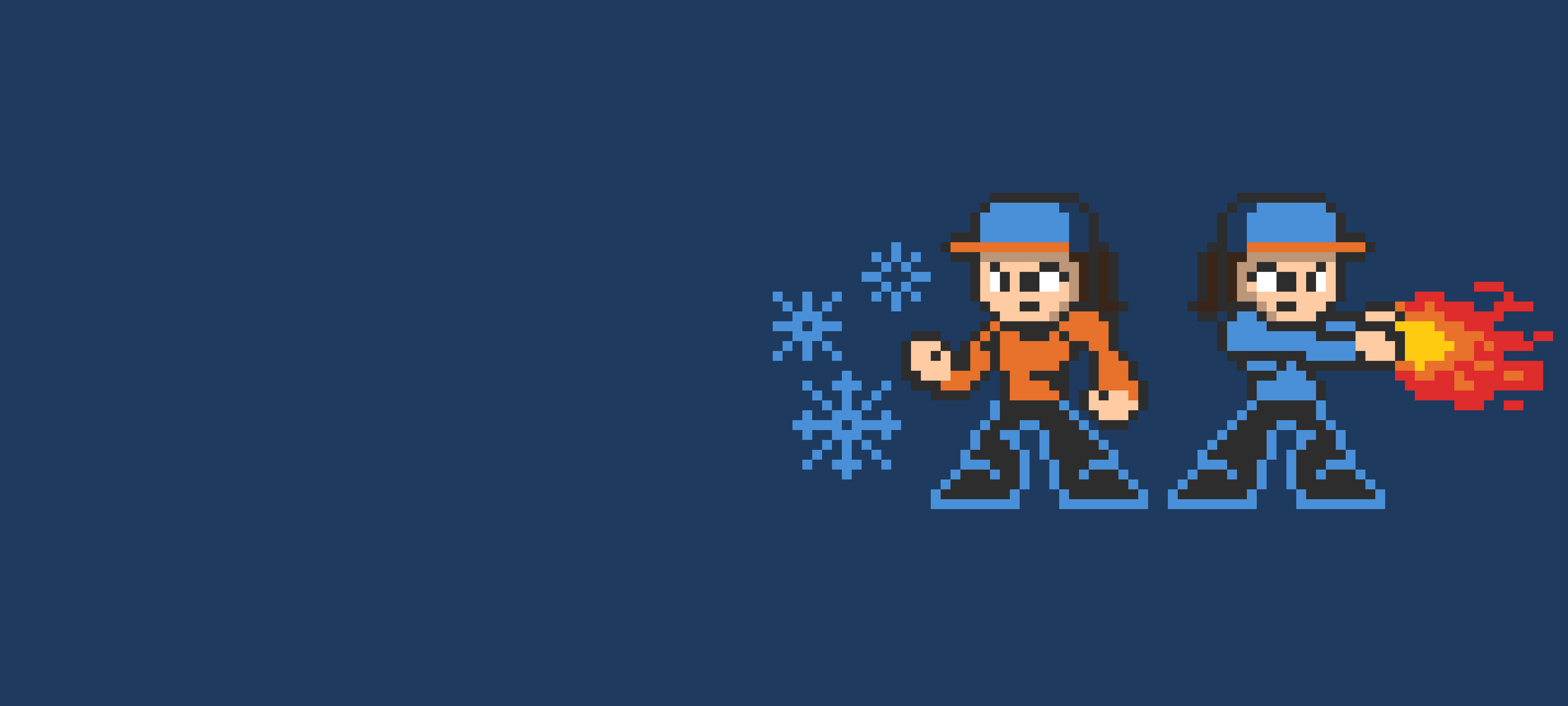 Two pixel-art HVAC technicians, one throwing frost and one throwing flame