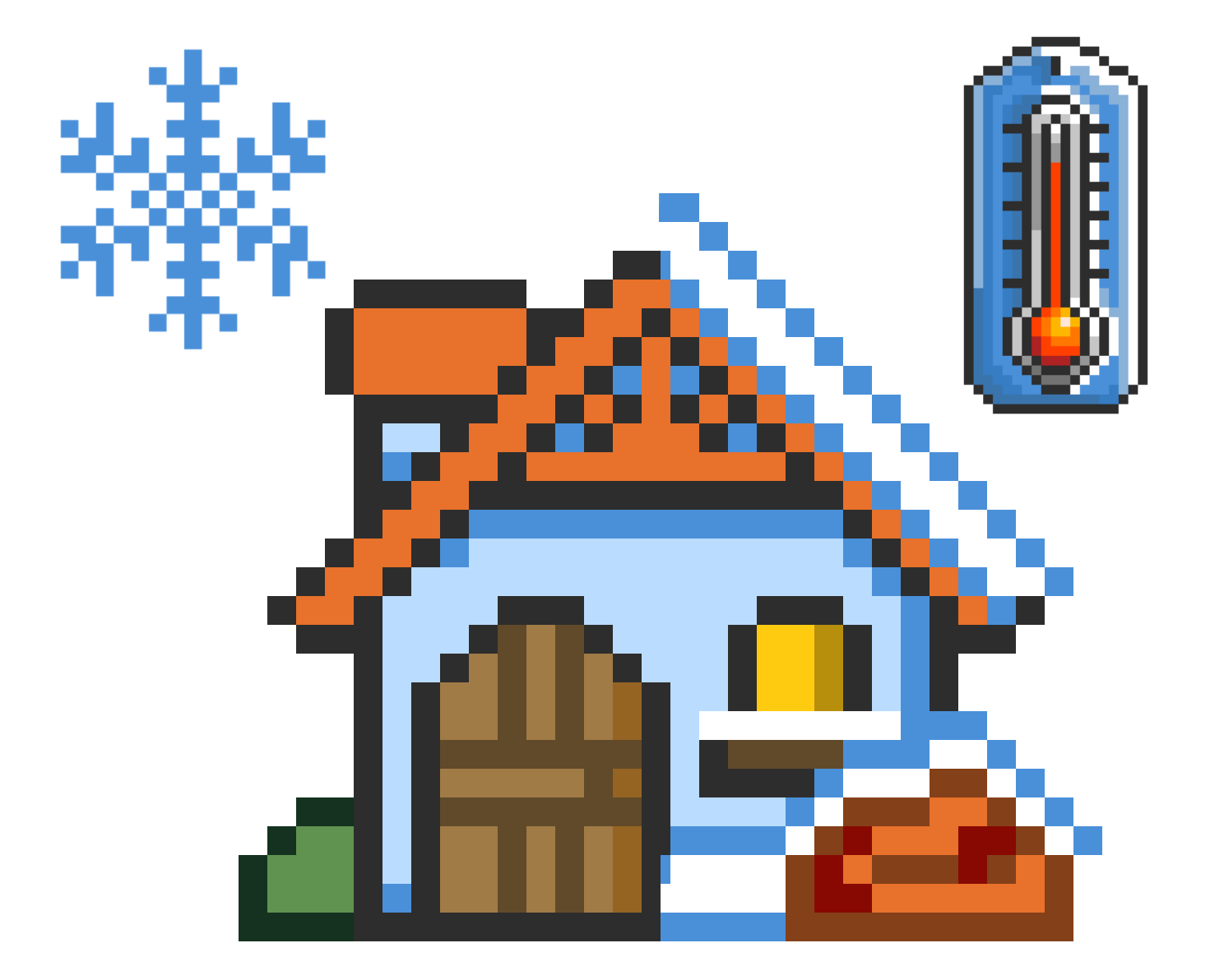 Pixel-art house with flame on one side and frost on the other